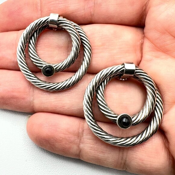 Designer? Sterling Silver Cable Roped 1.25 Inch Pierced Earrings - Picture 3 of 5